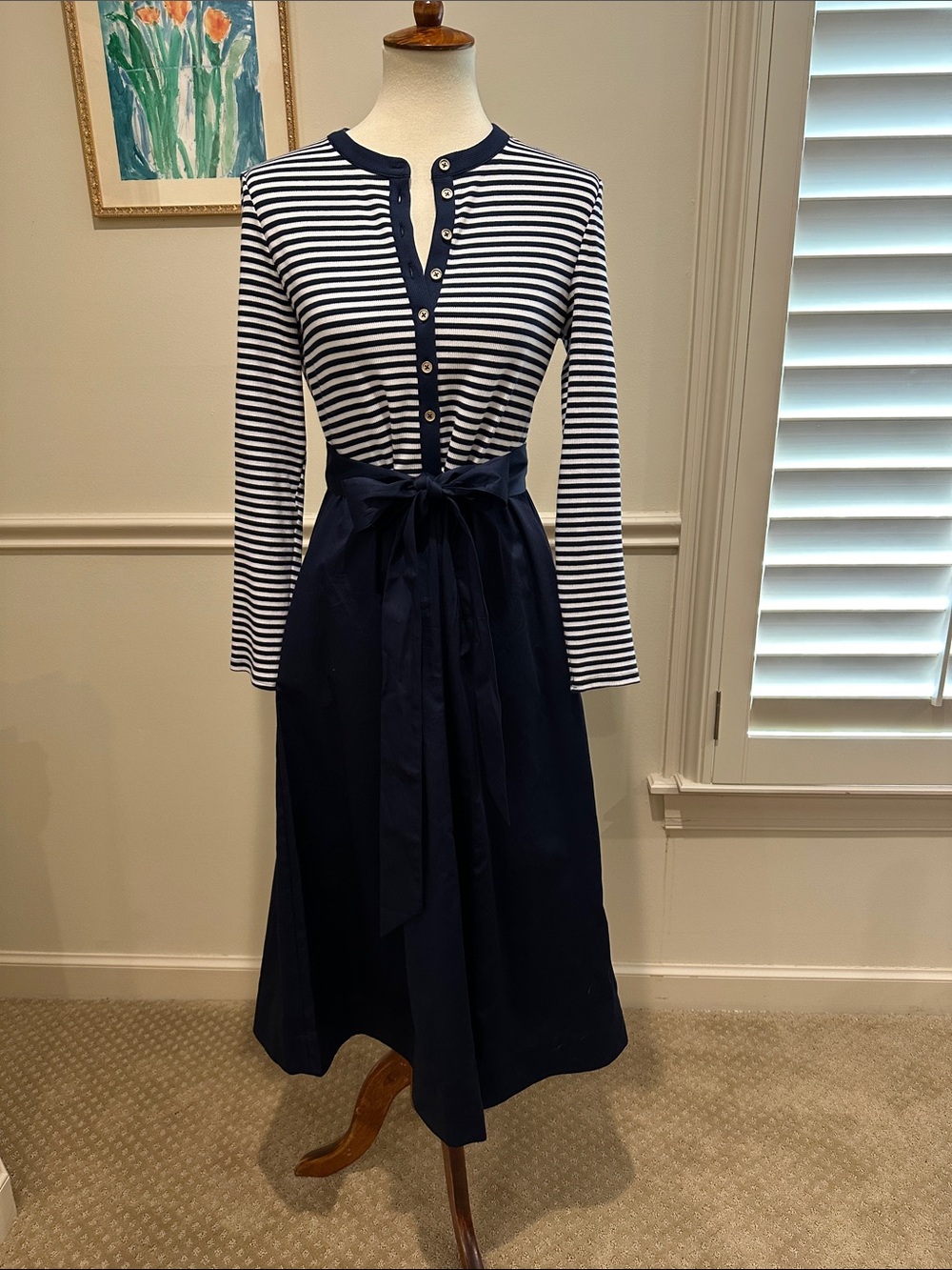 Boden Navy and White Striped Button-Front Tie-Waist Dress